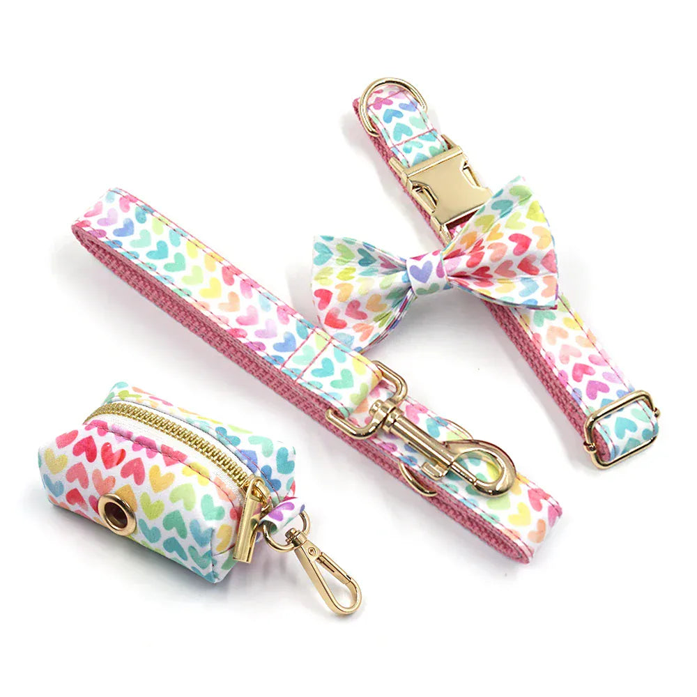 D&D Paws Collar + Leash + Bowtie + Poop Bag / XS Pink Hearts Print Set