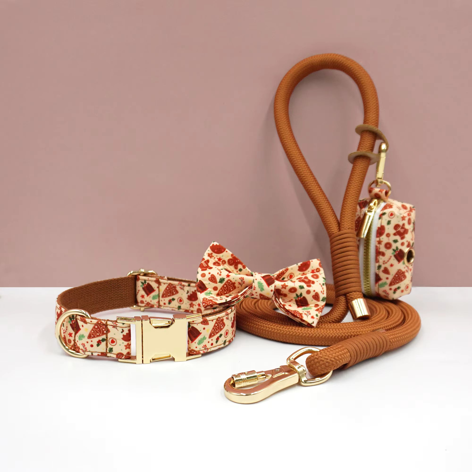 Personalized Holiday Dog Walking Set – Custom Dog Collar Bowtie Leash & Poop Bag Holder, Engraved Name Pet Gift