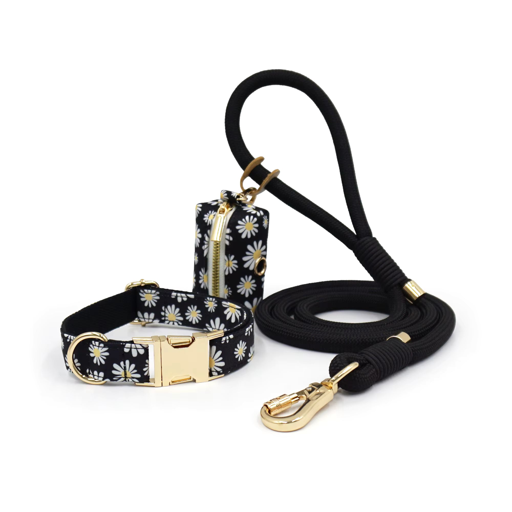 Personalized Floral Dog Walking Set – Custom Dog Collar Leash & Poop Bag Holder, Engraved Name Pet Gift