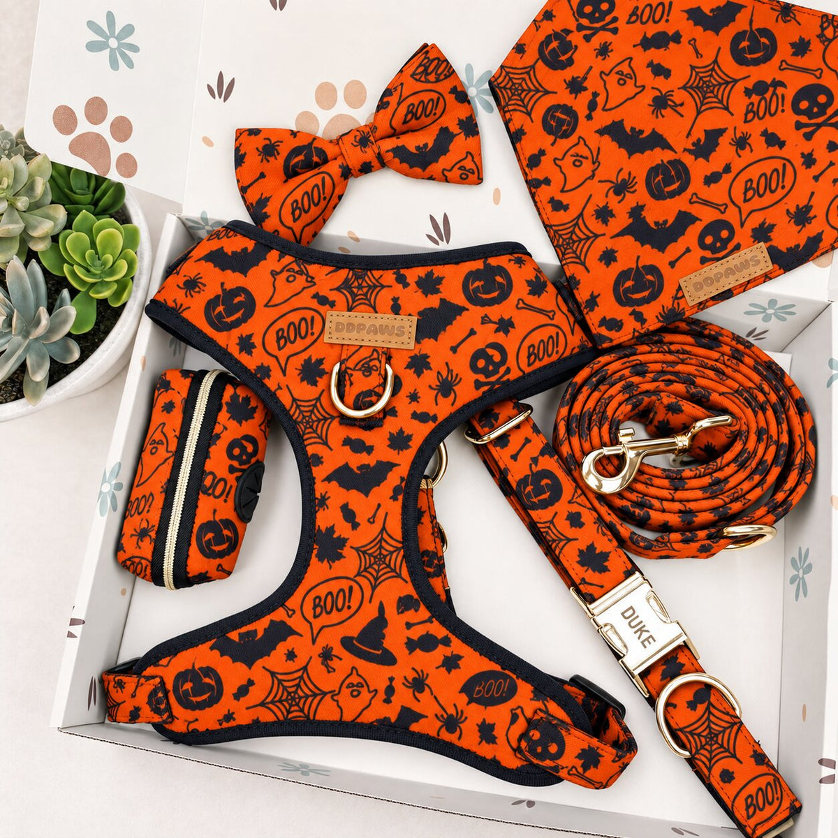 Designed Halloween Boo Pumpkin Dog Harness Set
