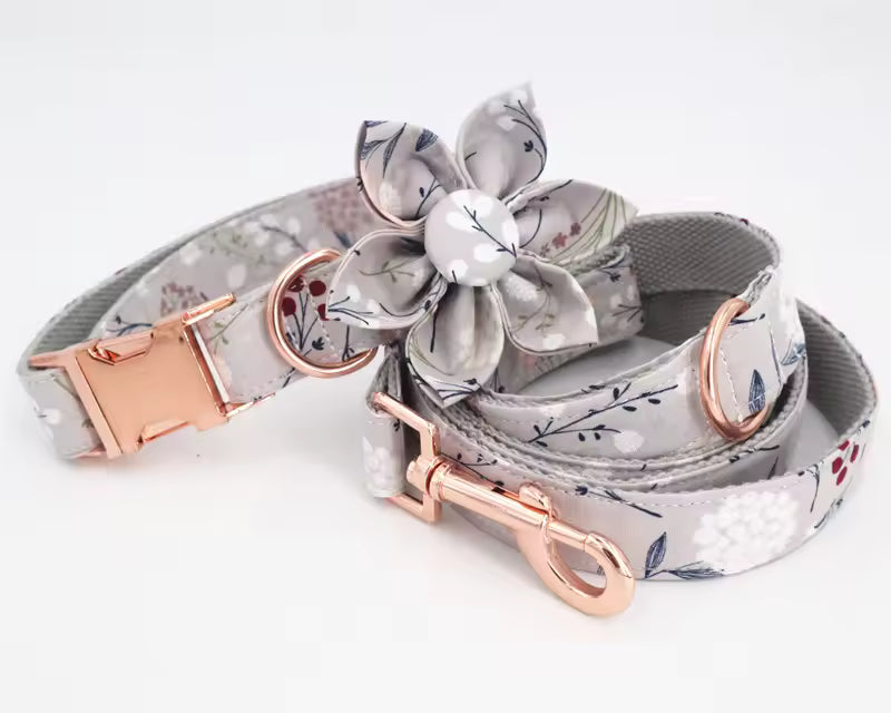 Silver Meadow Floral Dog Collar and Leash Set