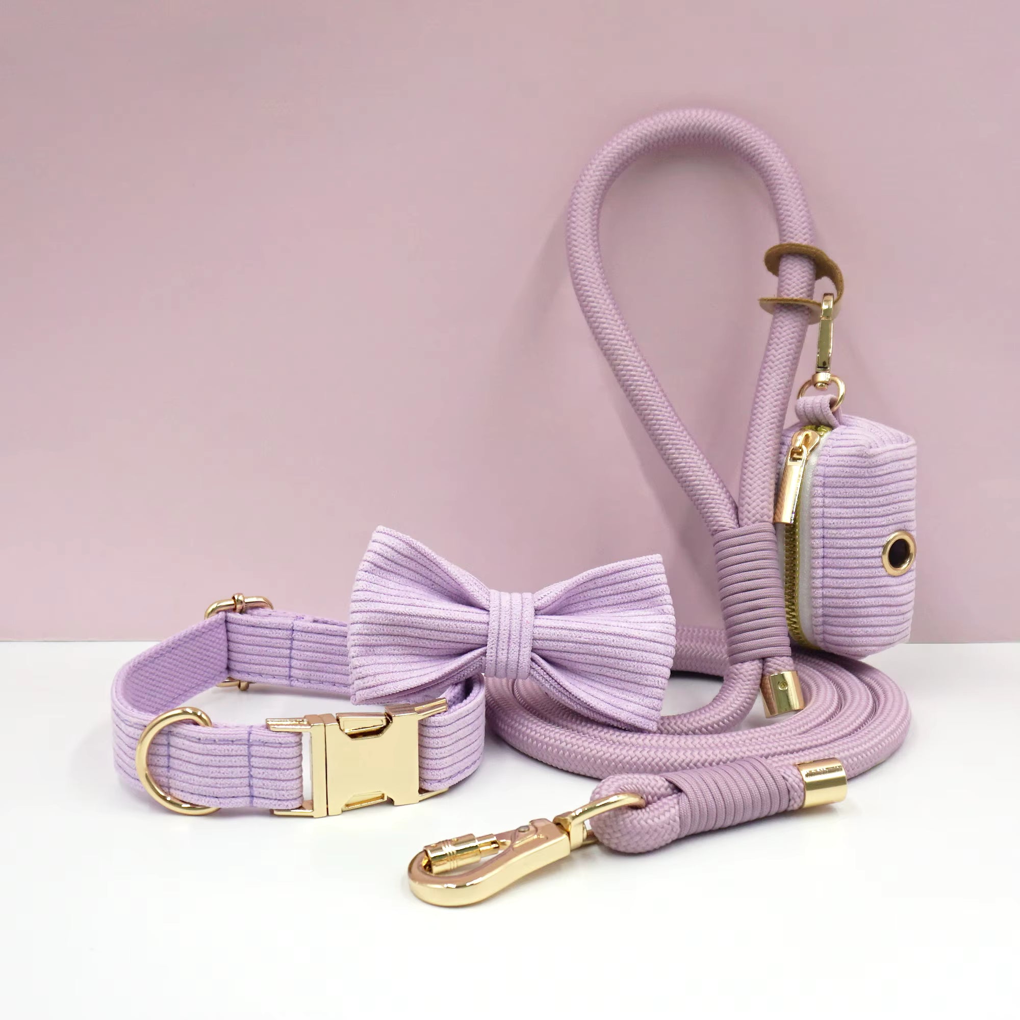 Personalized Corduroy Dog Walking Set – Custom Dog Collar Bowtie Leash & Poop Bag Holder, Engraved Name Pet Gift