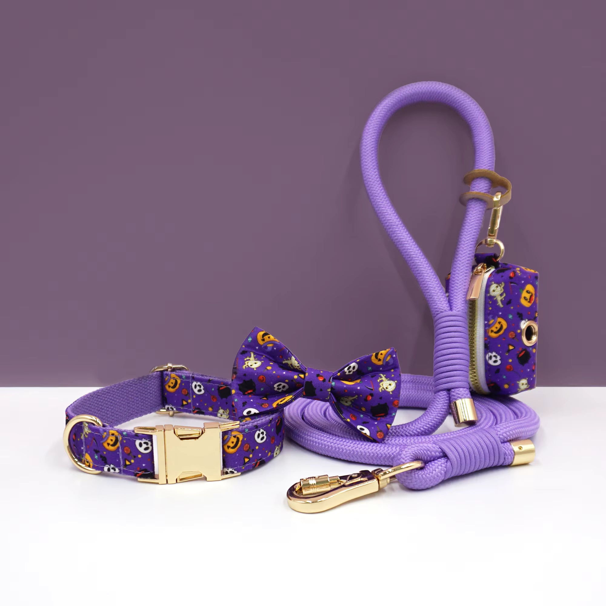 Personalized Holiday Dog Walking Set – Custom Dog Collar Bowtie Leash & Poop Bag Holder, Engraved Name Pet Gift