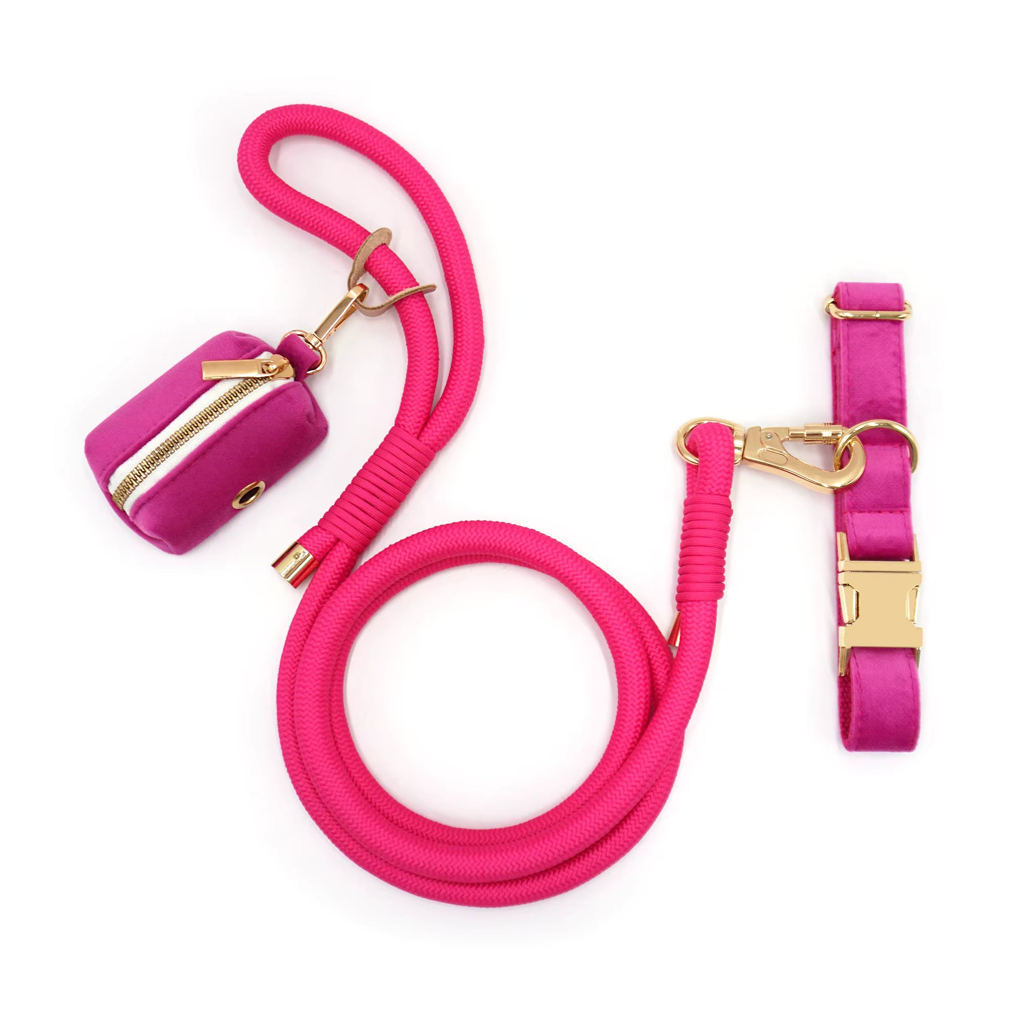 Personalized Velvet Dog Walking Set – Custom Dog Collar Leash & Poop Bag Holder, Engraved Name Pet Gift