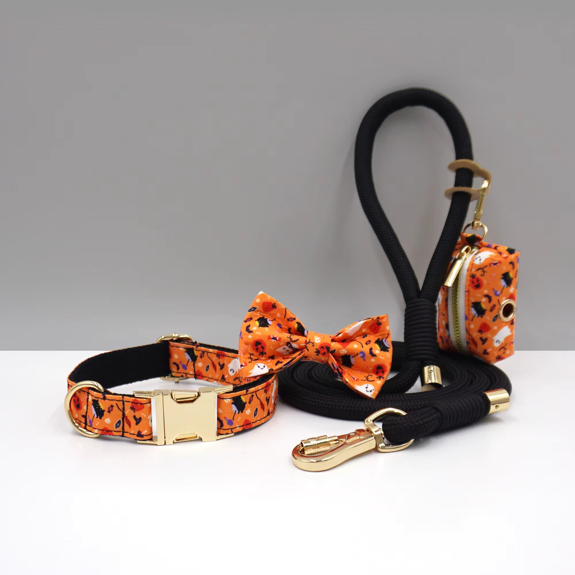 Personalized Holiday Dog Walking Set – Custom Dog Collar Bowtie Leash & Poop Bag Holder, Engraved Name Pet Gift