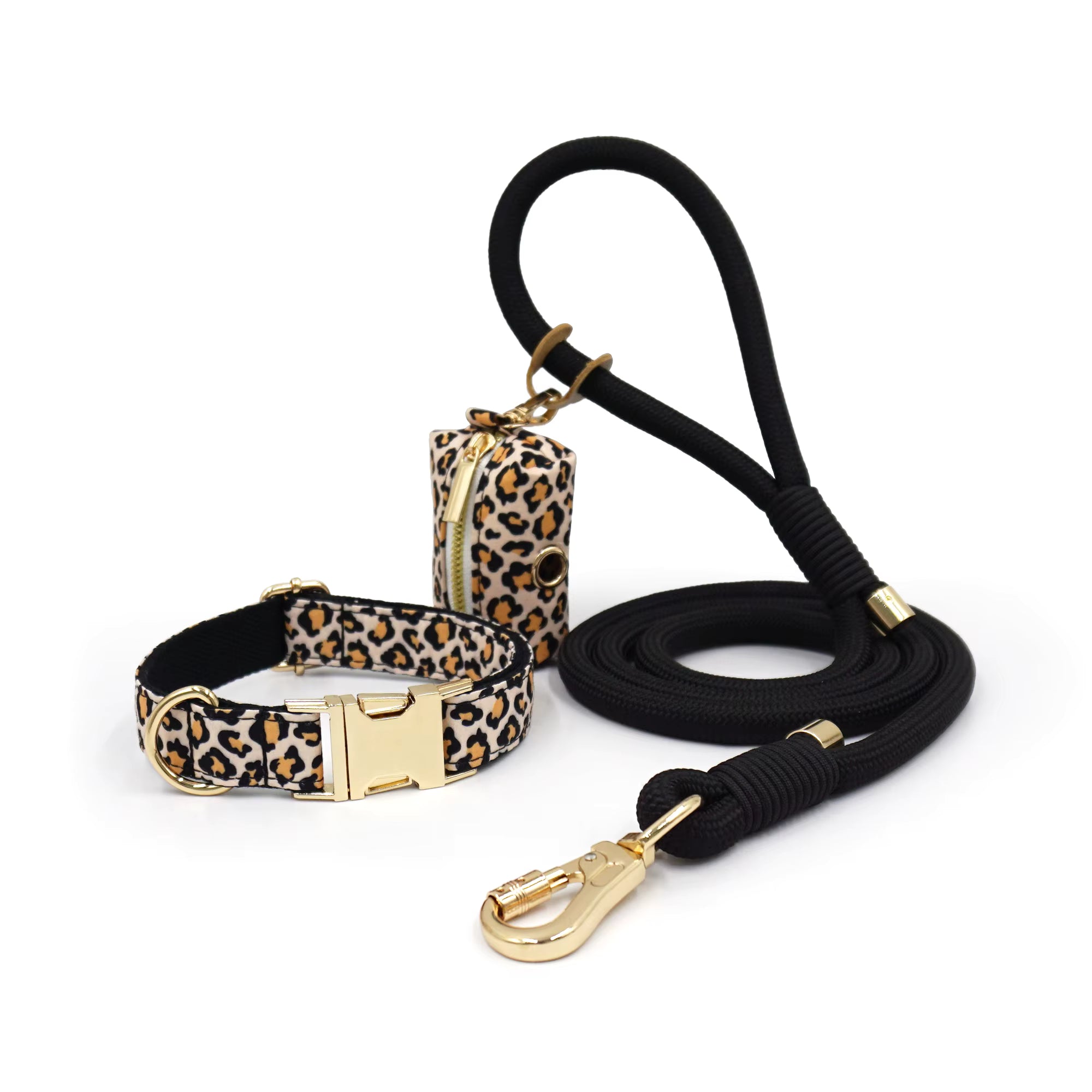 Personalized Floral Dog Walking Set – Custom Dog Collar Leash & Poop Bag Holder, Engraved Name Pet Gift