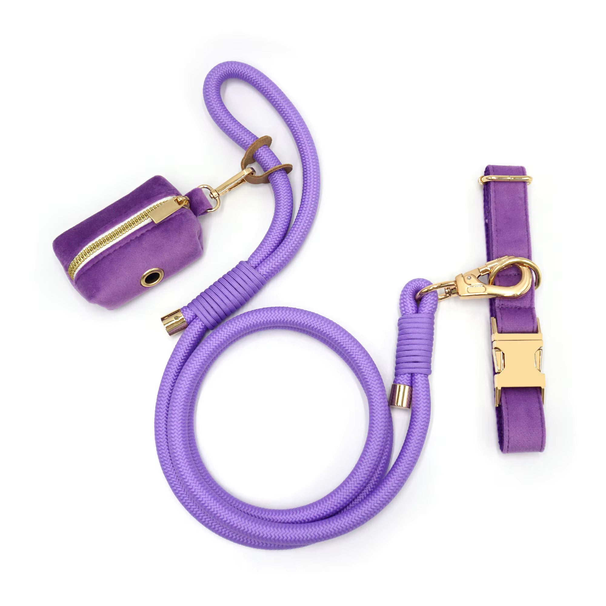 Personalized Velvet Dog Walking Set – Custom Dog Collar Leash & Poop Bag Holder, Engraved Name Pet Gift
