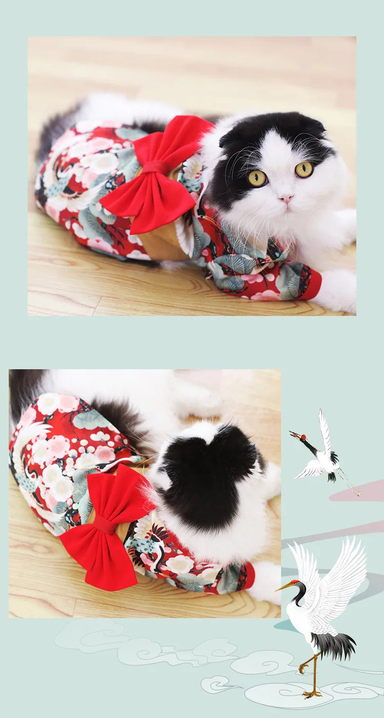 Japanese Kimono Pet Outfit – Cherry Blossom Crane Print Cosplay Coat for Dogs & Cats