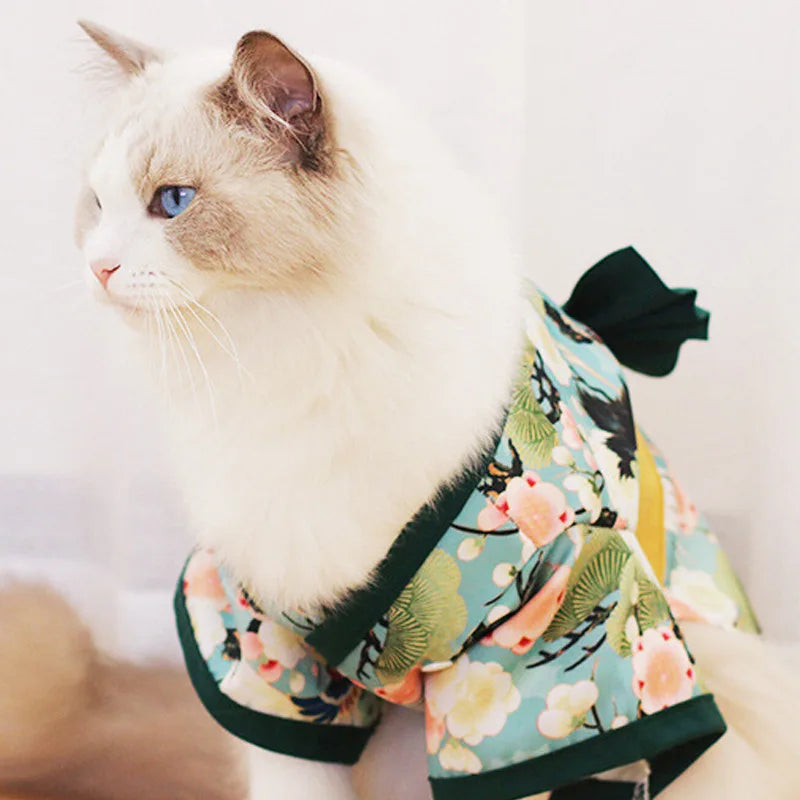 Japanese Kimono Pet Outfit – Cherry Blossom Crane Print Cosplay Coat for Dogs & Cats