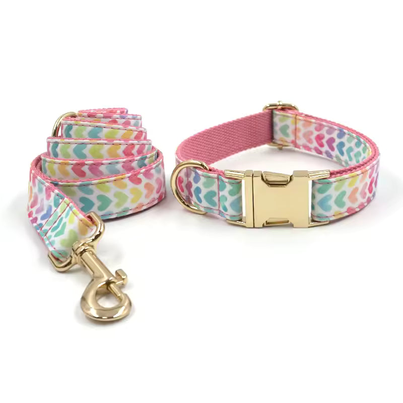 D&D Paws Collar + Leash / XS Pink Hearts Print Set