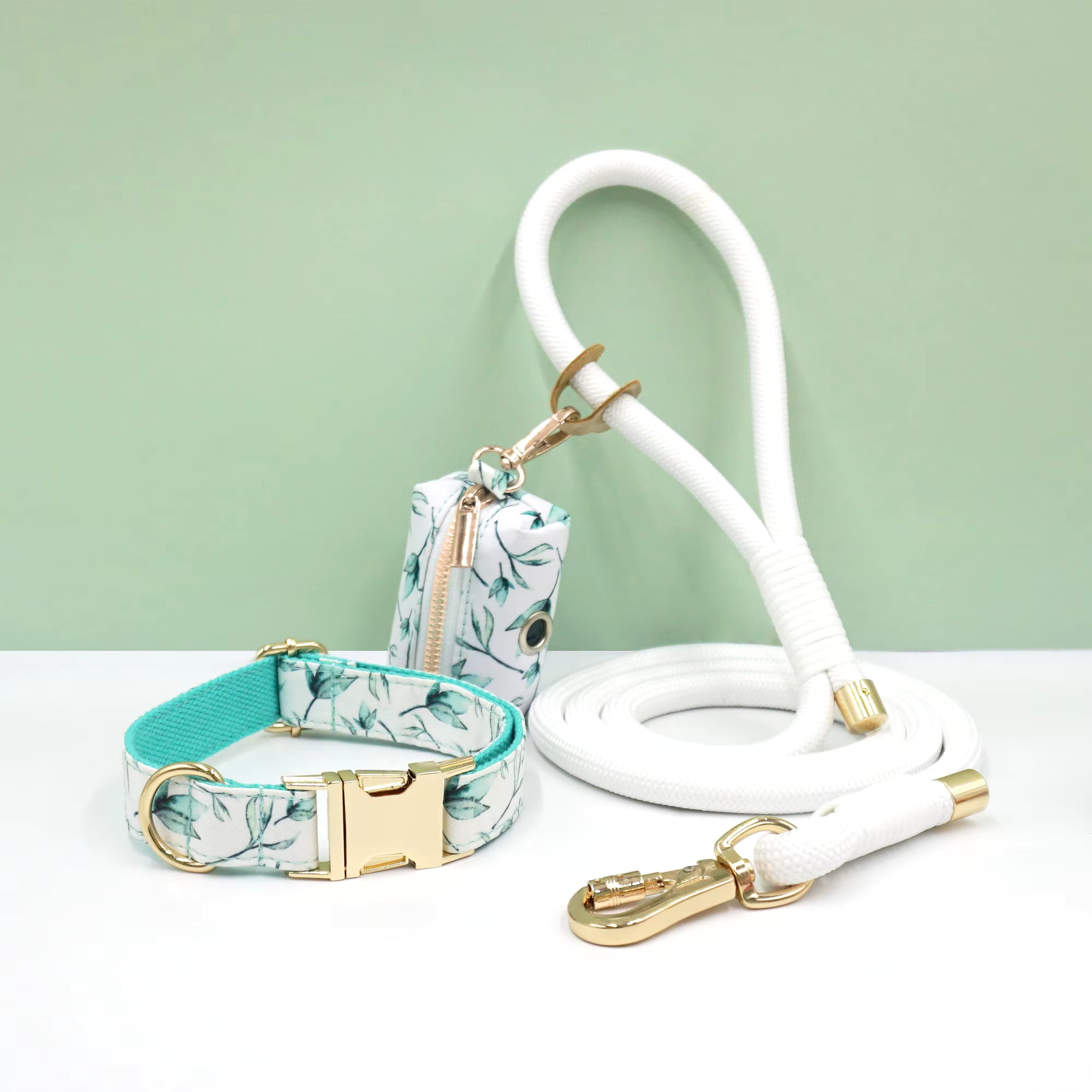 Personalized Floral Dog Walking Set – Custom Dog Collar Leash & Poop Bag Holder, Engraved Name Pet Gift