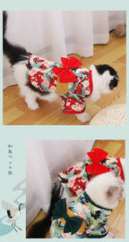 Japanese Kimono Pet Outfit – Cherry Blossom Crane Print Cosplay Coat for Dogs & Cats