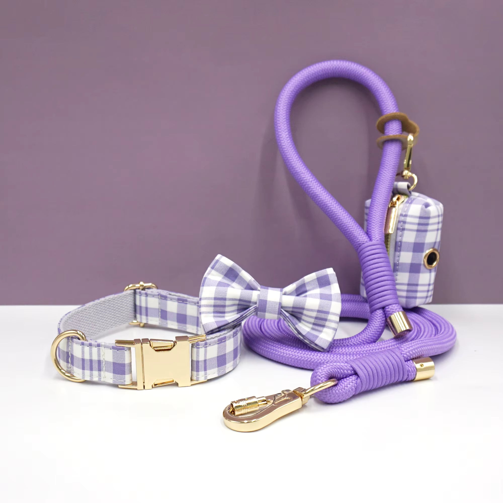 Personalized Plaid Dog Walking Set – Custom Dog Collar Leash Bowtie & Poop Bag Holder, Engraved Name Pet Gift