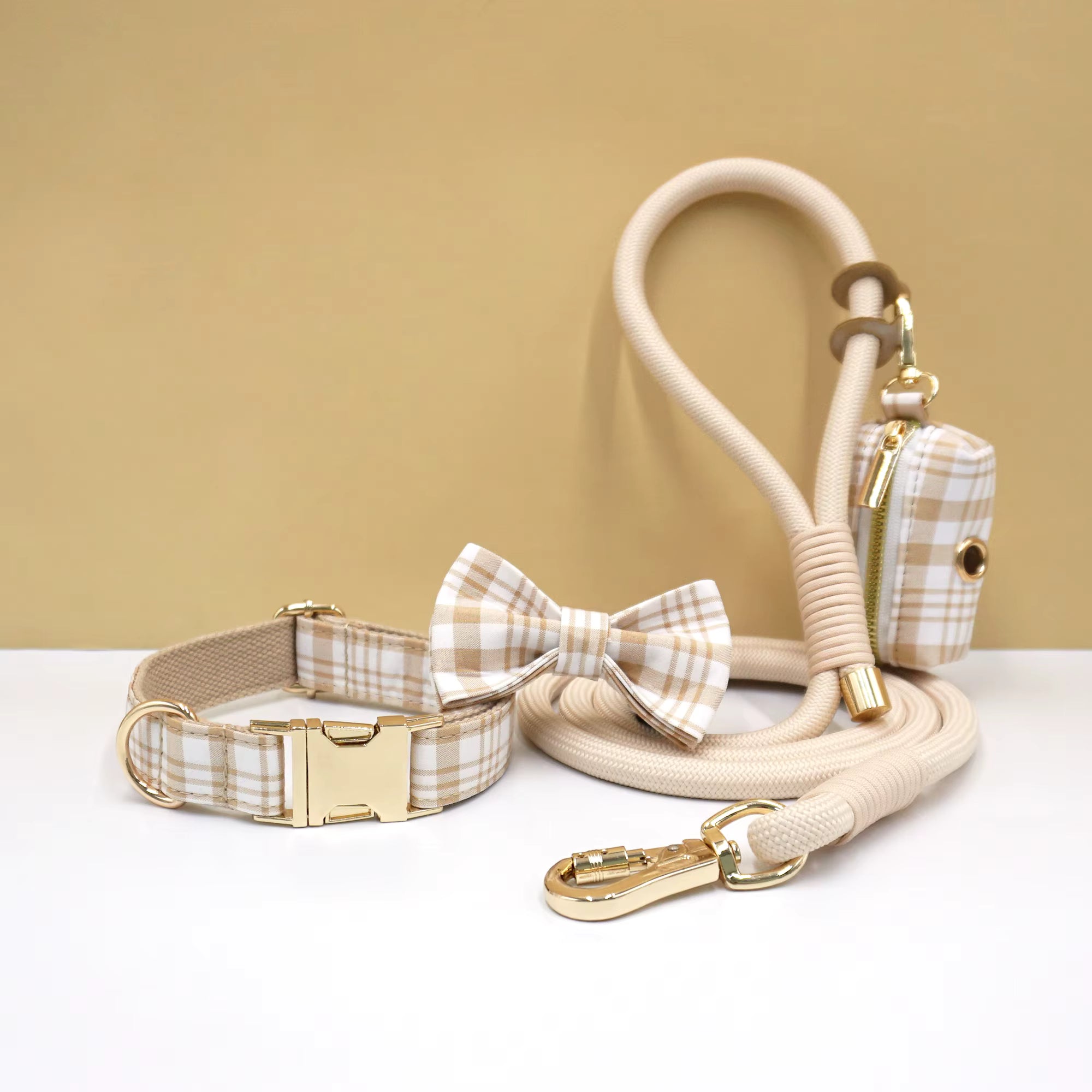 Personalized Plaid Dog Walking Set – Custom Dog Collar Leash Bowtie & Poop Bag Holder, Engraved Name Pet Gift