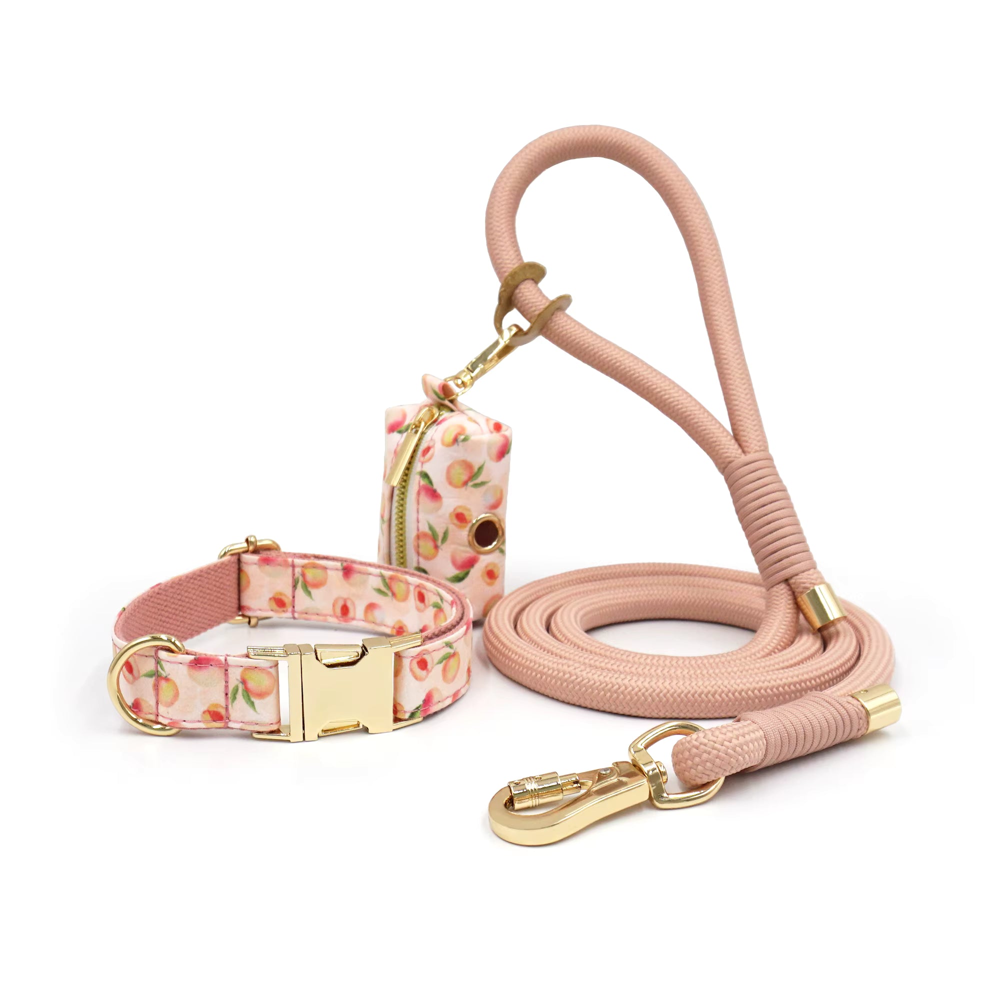 Personalized Floral Dog Walking Set – Custom Dog Collar Leash & Poop Bag Holder, Engraved Name Pet Gift