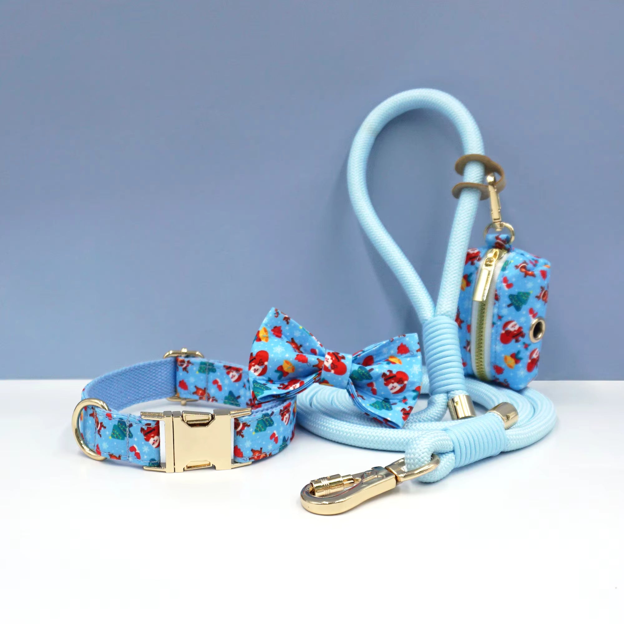 Personalized Holiday Dog Walking Set – Custom Dog Collar Bowtie Leash & Poop Bag Holder, Engraved Name Pet Gift