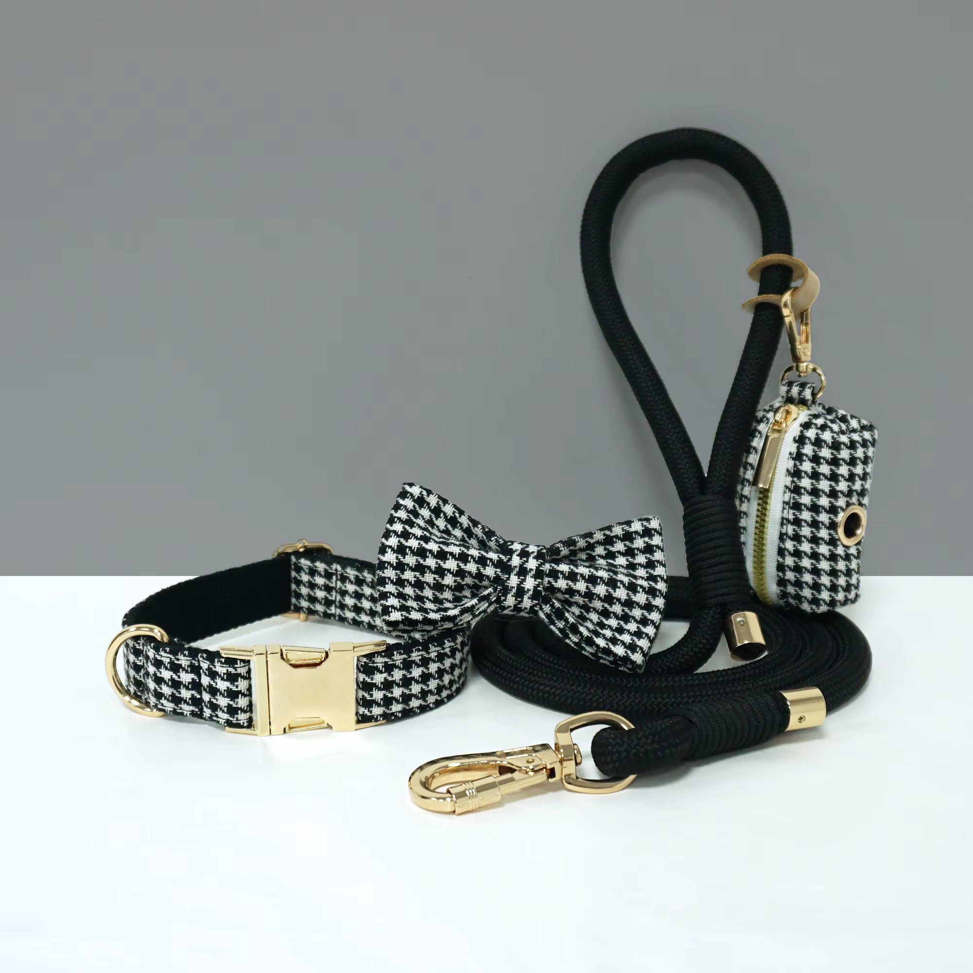 Personalized Plaid Dog Walking Set – Custom Dog Collar Leash Bowtie & Poop Bag Holder, Engraved Name Pet Gift