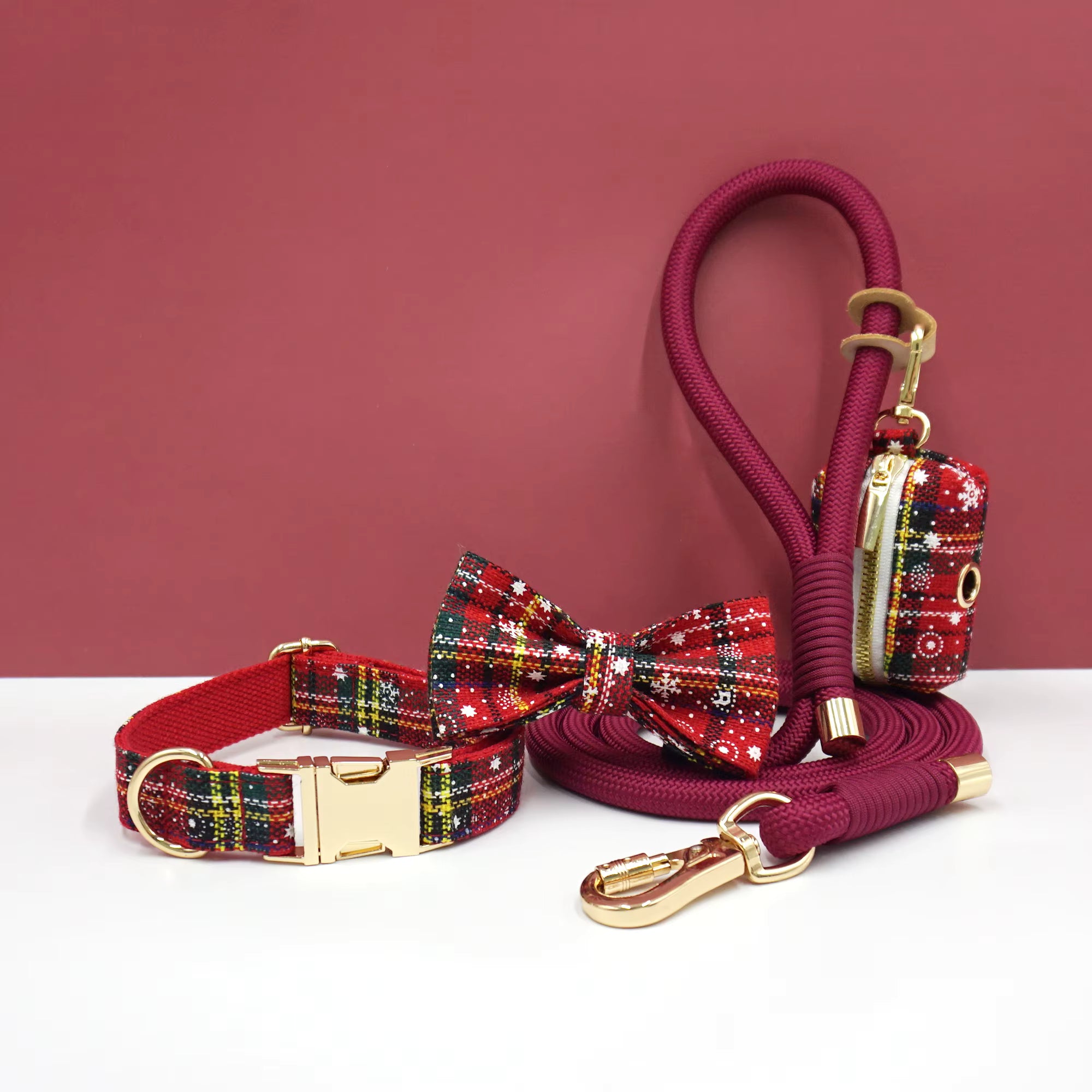 Personalized Holiday Dog Walking Set – Custom Dog Collar Bowtie Leash & Poop Bag Holder, Engraved Name Pet Gift