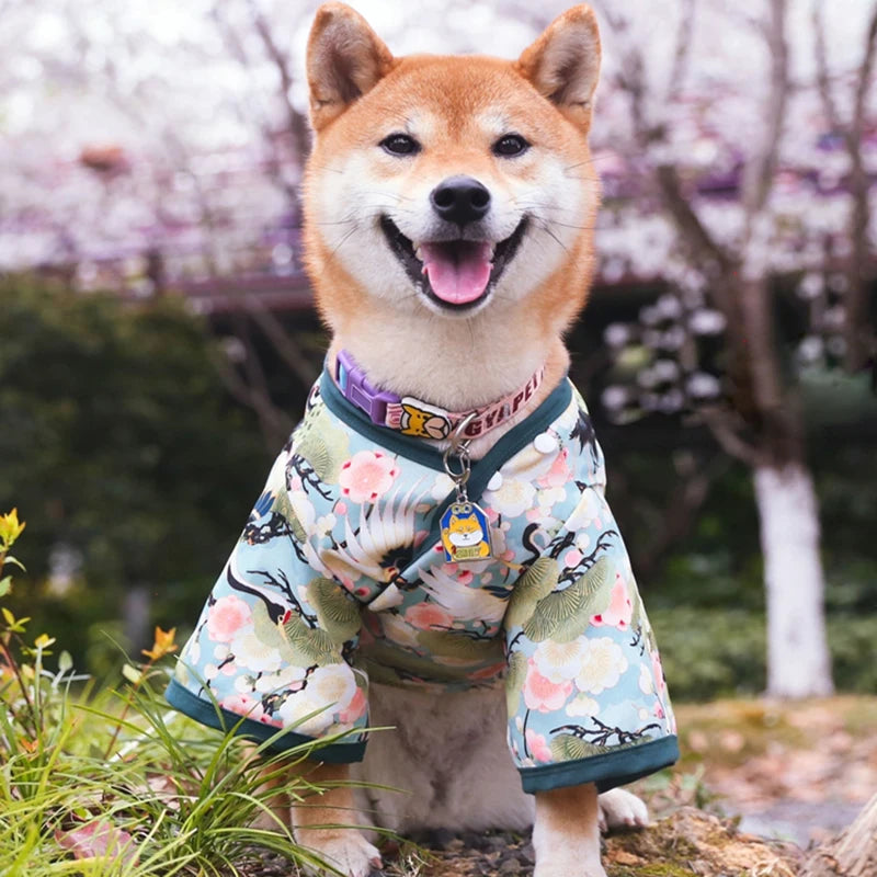 Japanese Kimono Pet Outfit – Cherry Blossom Crane Print Cosplay Coat for Dogs & Cats