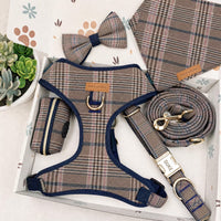 Designed Beige Navy Plaid Dog Vest Set