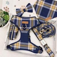 Designed Navy Mustard Plaid Dog Vest Set