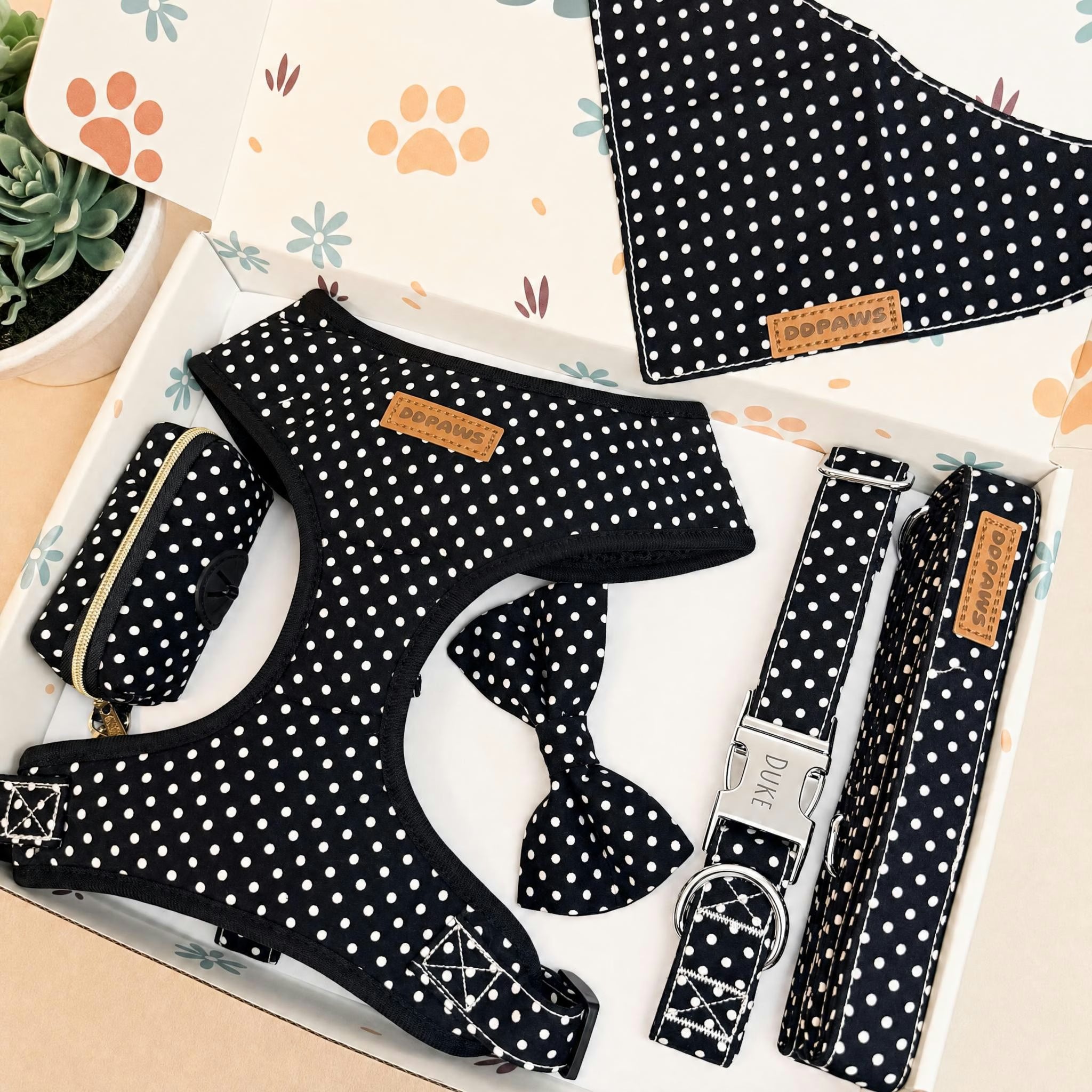 Designed Black Polka Dot Dog Vest Set
