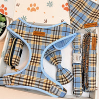 Designed Blue Brown Plaid Dog Vest Set