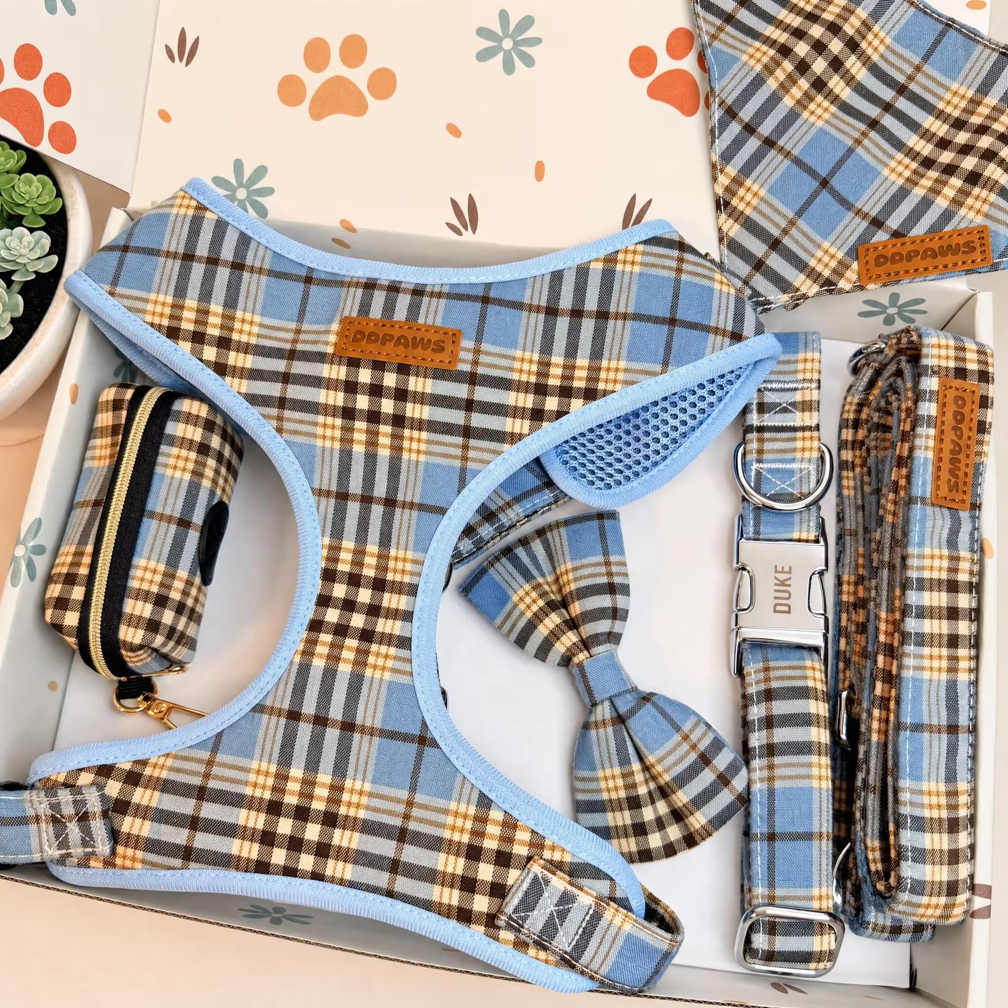 Designed Blue Brown Plaid Dog Vest Set