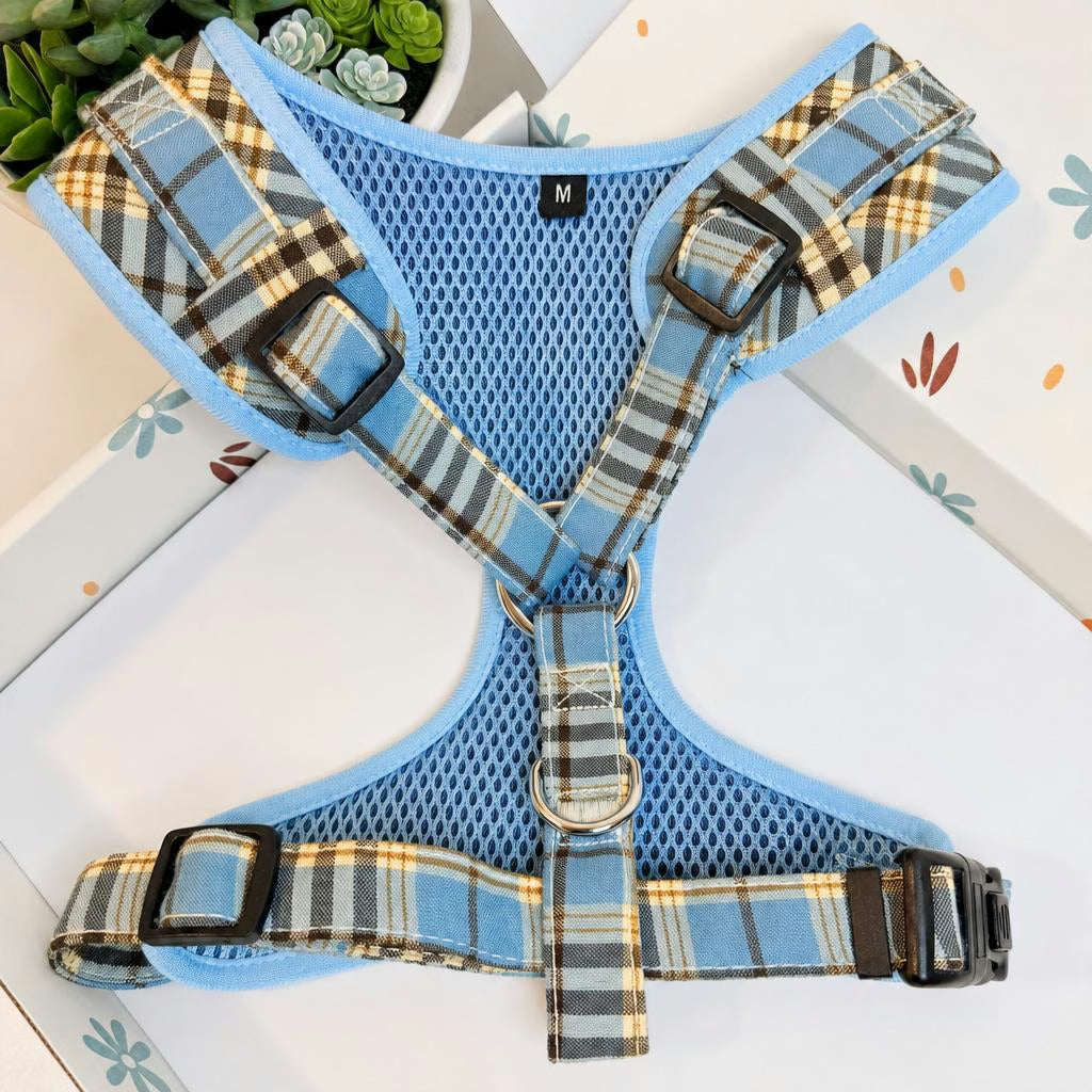 Designed Blue Brown Plaid Dog Vest Set