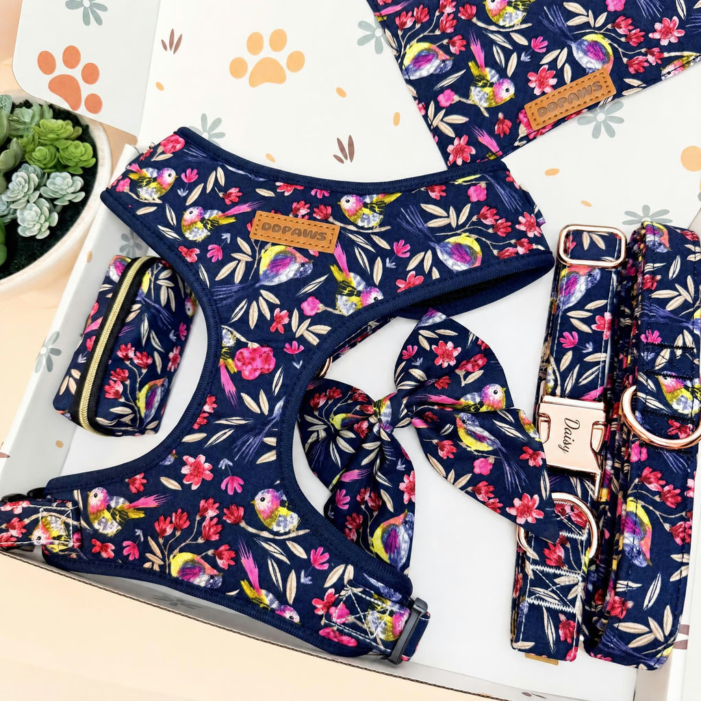 A dog gear set laid out on a white box, featuring a navy blue harness, matching collar, leash, and bow accessory, all printed with a colorful floral and bird pattern. A small leather brand patch is visible on the harness.