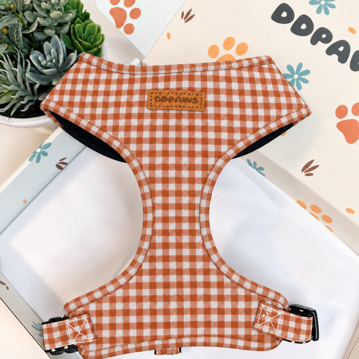 Designed Orange Gingham Dog Harness Set