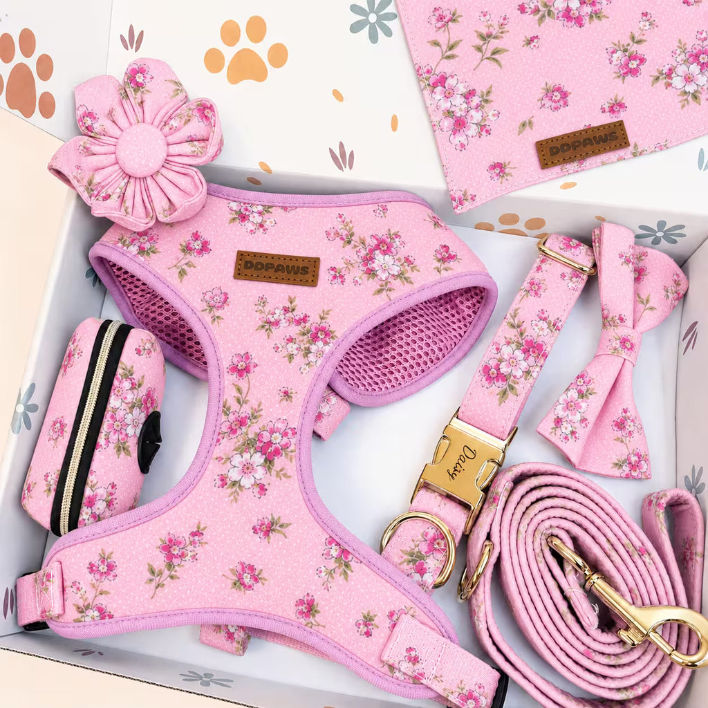 Designed Pink Blossom Floral Dog Vest Set