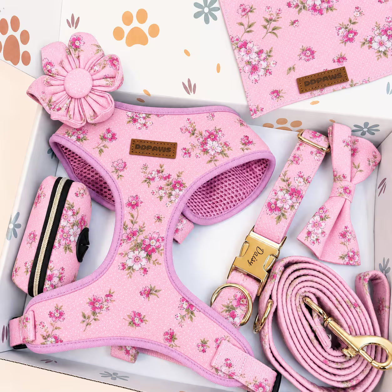 Designed Pink Blossom Floral Dog Vest Set