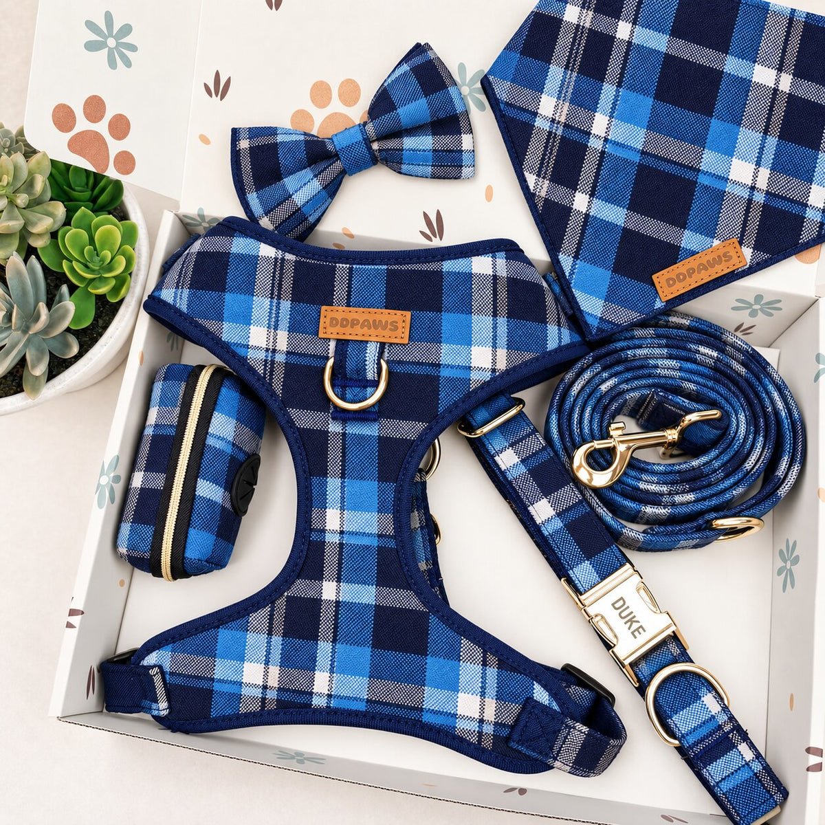 Designed Blue Plaid Dog Harness Set
