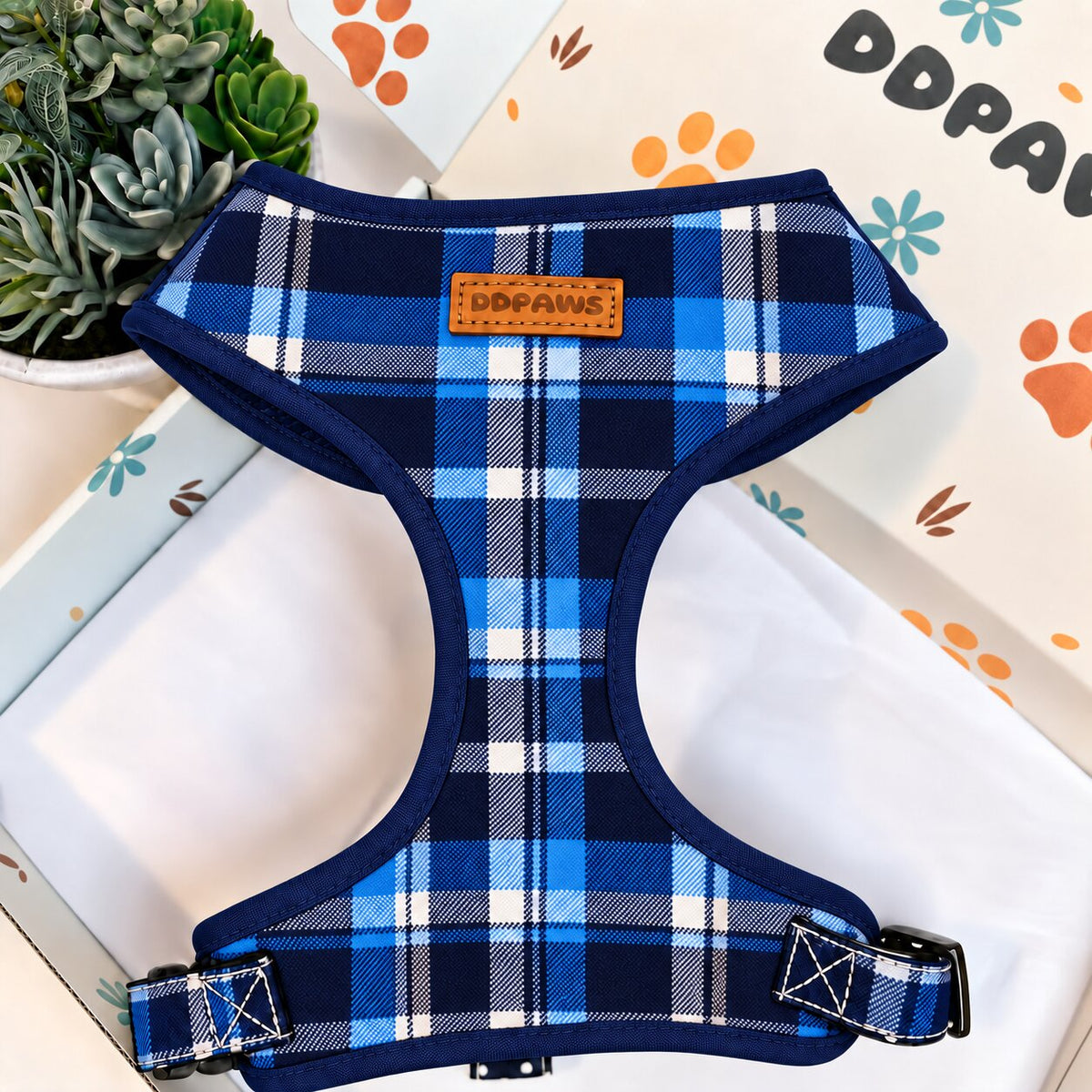 Designed Blue Plaid Dog Harness Set