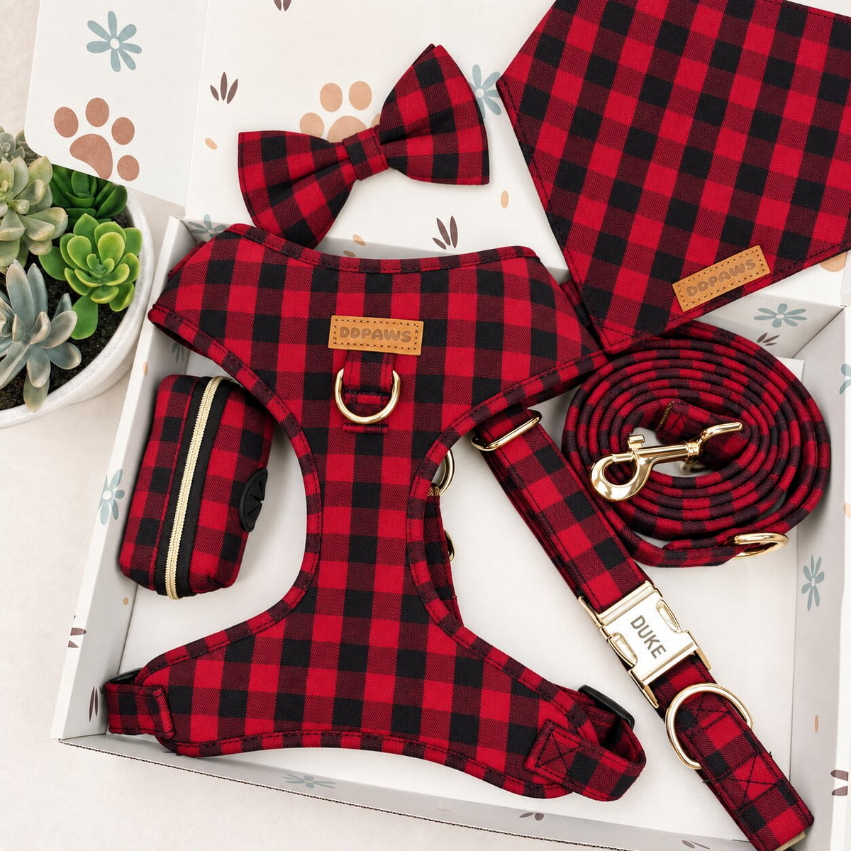 Designed Red Buffalo Plaid Dog Harness Set