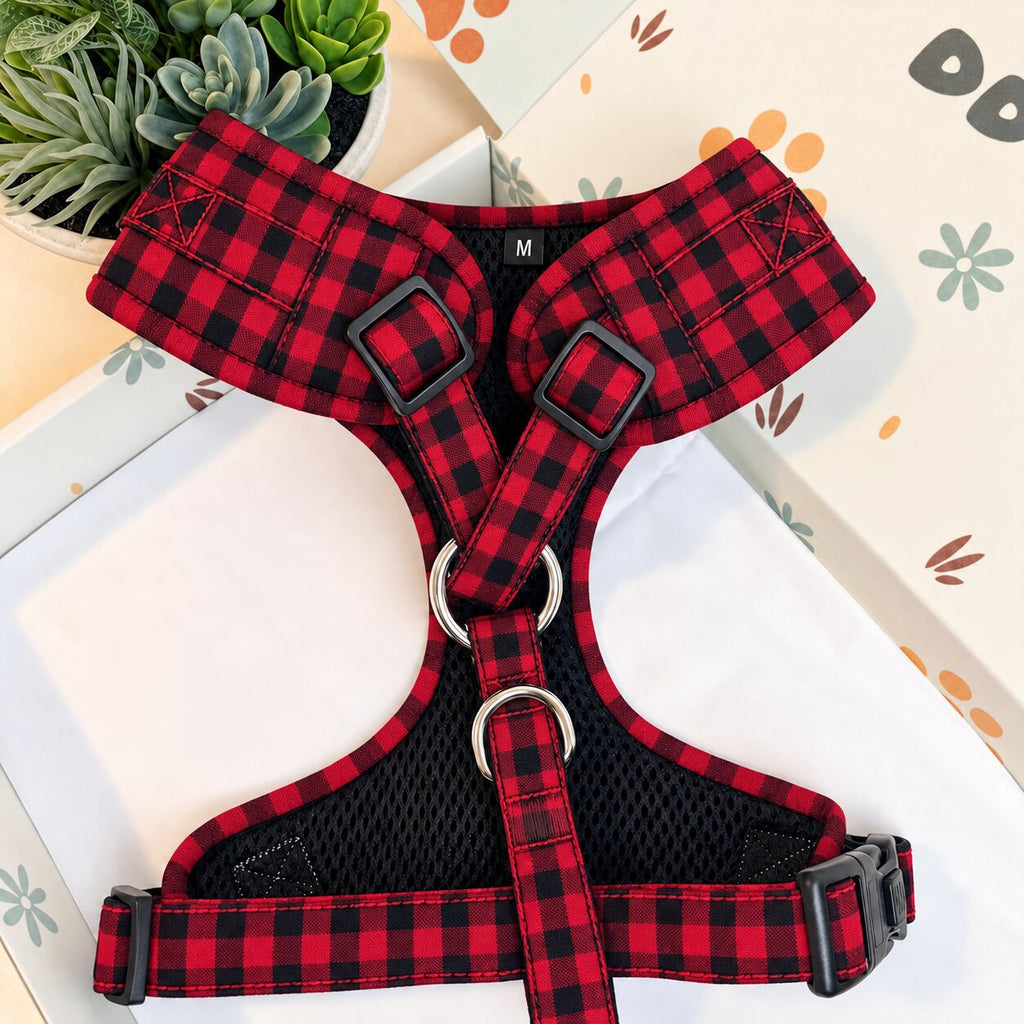 Designed Red Buffalo Plaid Dog Harness Set