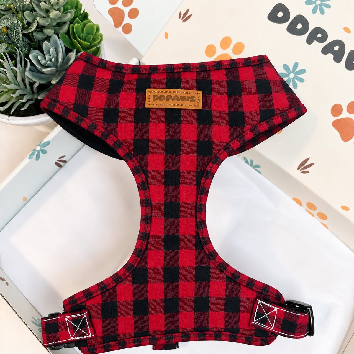 Designed Red Buffalo Plaid Dog Harness Set
