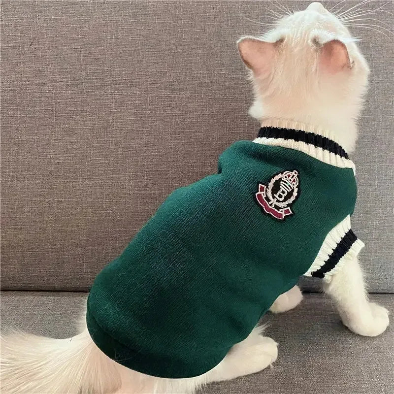 Winter Knit Dog Sweater – College Style V-Neck Warm Pet Vest for Small Dogs