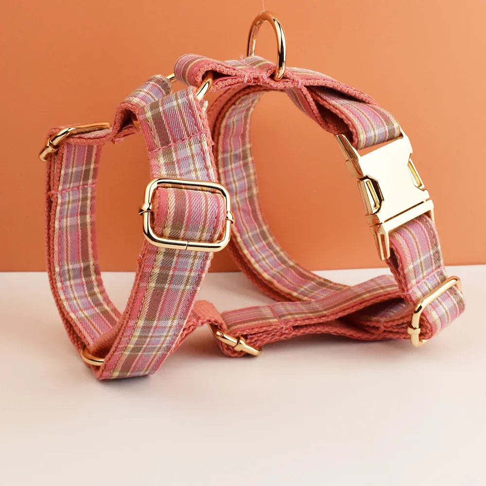 Engraved Plaid Pink Dog Collar Leash Harness Set