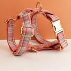 Engraved Plaid Pink Dog Collar Leash Harness Set