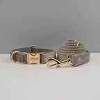 Light grey Velvet Personalized Dog Collar, Leash & Harness Set