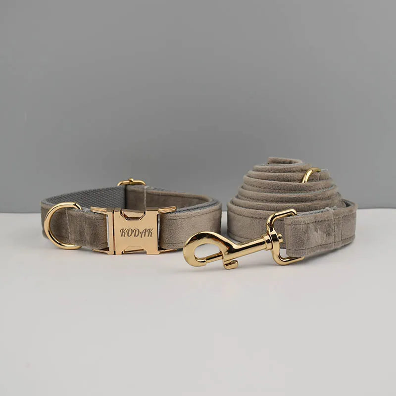 Light grey Velvet Personalized Dog Collar, Leash & Harness Set