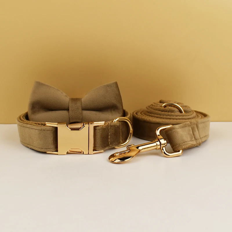 Shallow Khaki Velvet Personalized Dog Collar, Leash & Harness Set