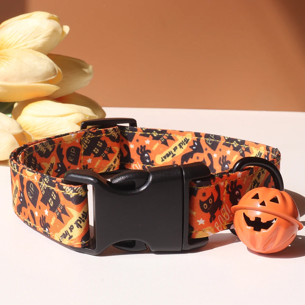 Luxury Small Dog Collar, Personalized Halloween Printed Cotton Collar, Organic Pattern with Rivet Decoration