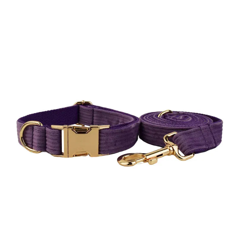 Purple Corduroy Dog Collar Leash and Harness Set