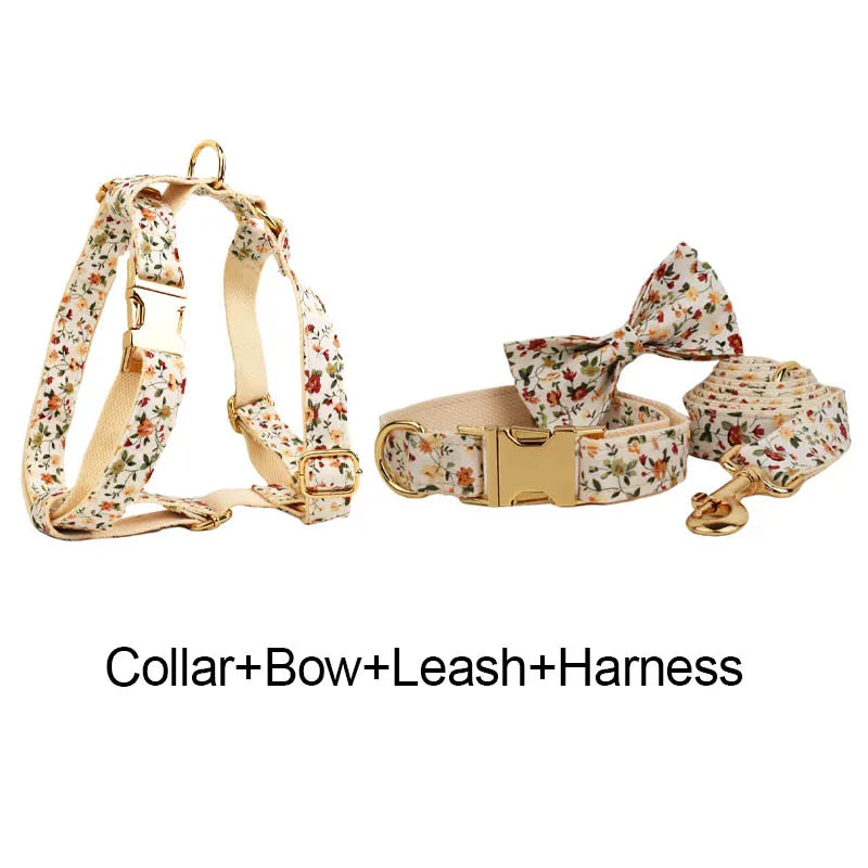 Luxury Flower Soft Cotton Personalized Dog Collar, Leash & Harness Set