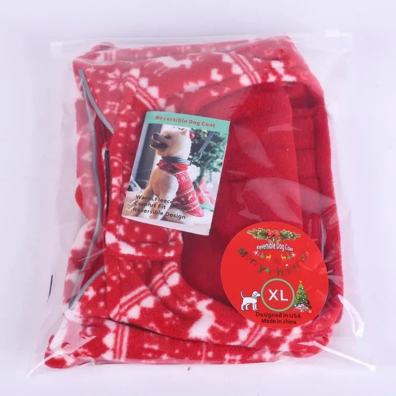 Reversible Christmas Dog Jacket – Double-Layer Fleece Winter Coat for Small, Medium & Large Dogs