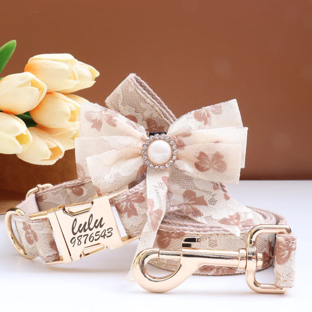 Luxury Pearl Personalized  Dog Collar and Leash Set, Lace Bowtie with Rhinestone Sparkle, Elegant Puppy Girl Pet Necklace