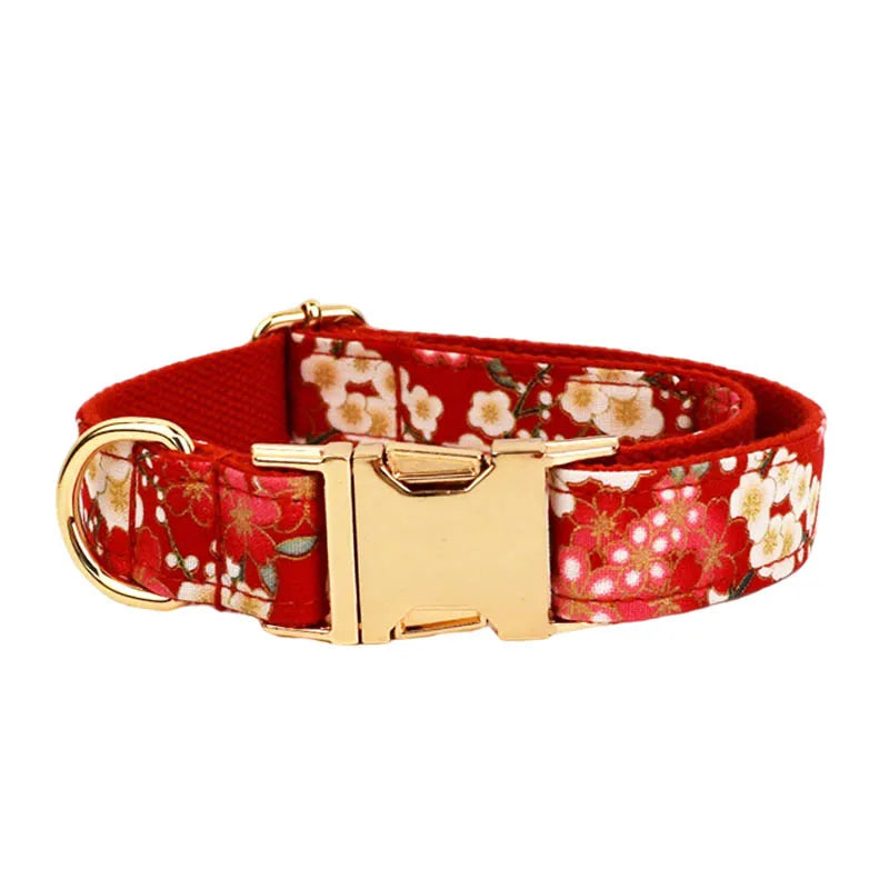 Customized Designer Red Soft Cotton Personalized Dog Collar Leashes Harness Bow Set Flowers